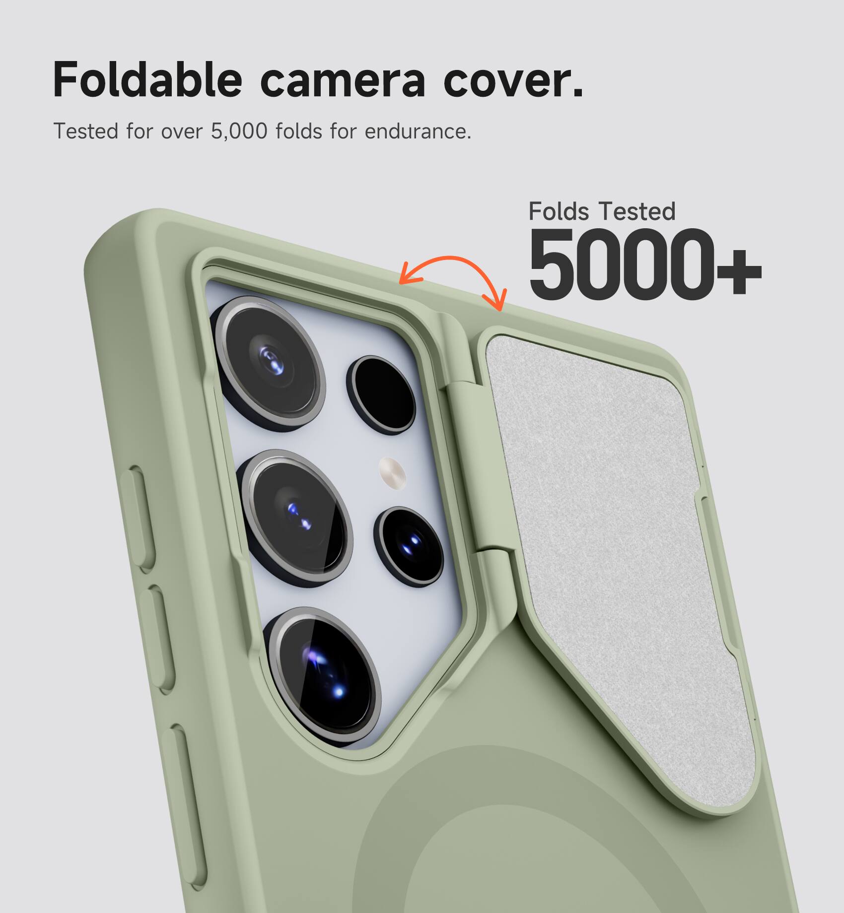Foldable camera cover.  
Tested for over 5,000 folds for endurance.  
Folds Tested 5000+