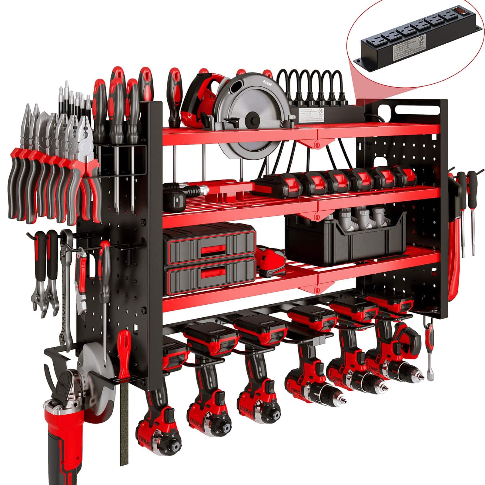 HAUSOURCE - 25.5 in. RED Steel 4-Tier Power Tool Organizer Shelving Wall Mount Utility Tool Storage Rack Shelves Garage Cabinets - Red