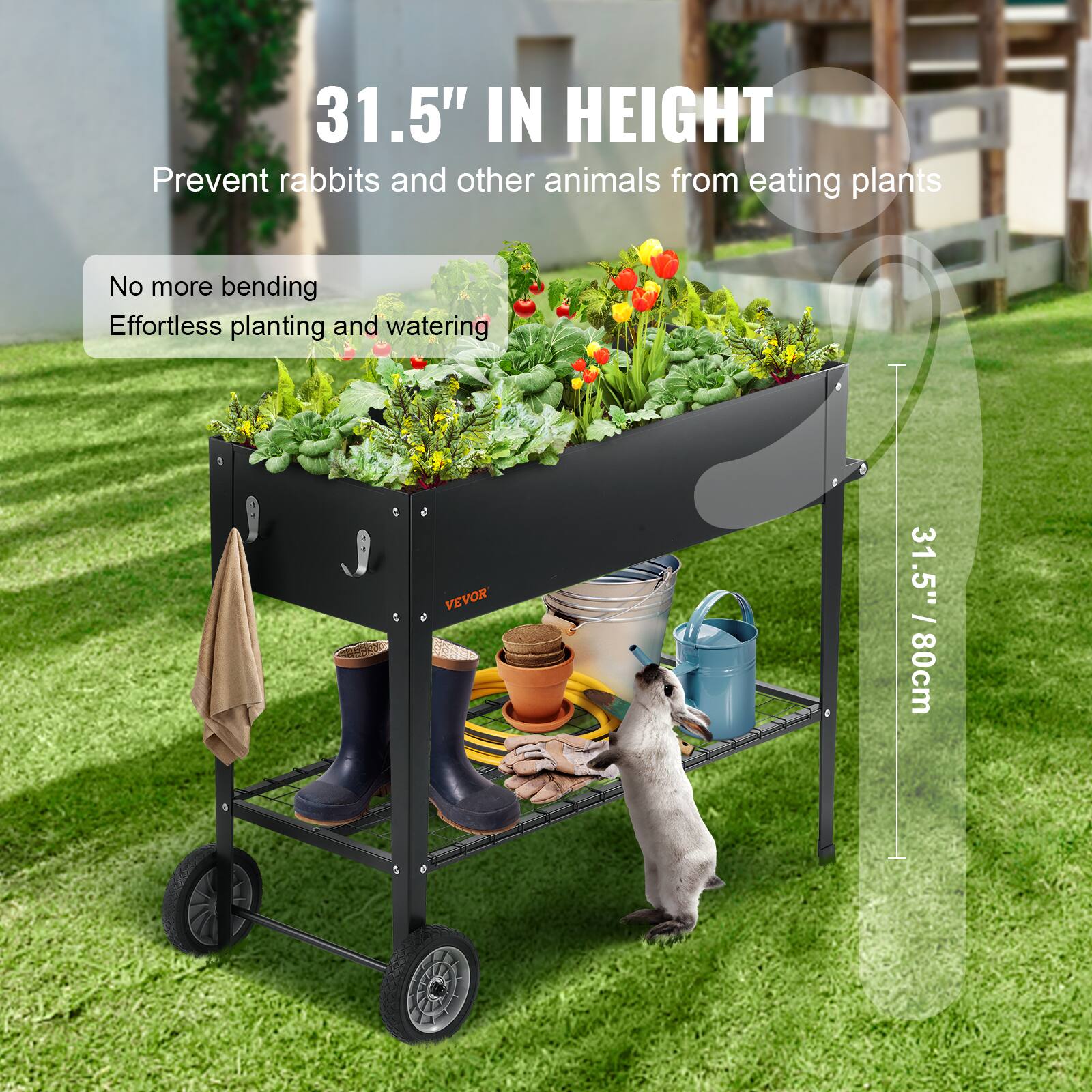 31.5" IN HEIGHT  
Prevent rabbits and other animals from eating plants  
No more bending  
Effortless planting and watering  
VEVOR  
31.5" / 80cm