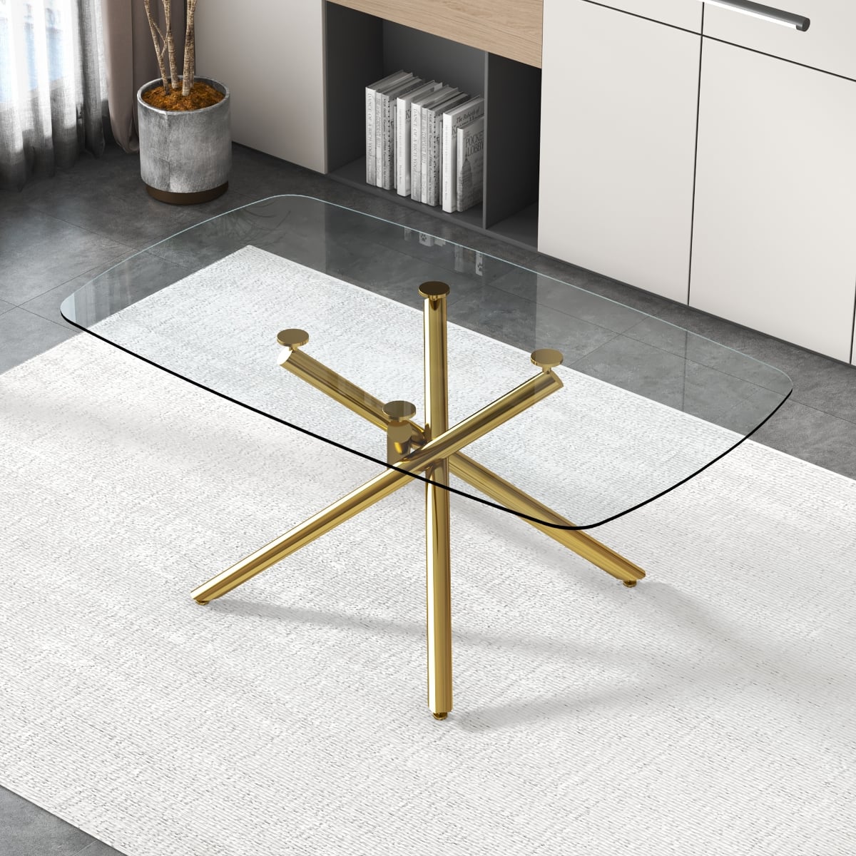 Loheer - Large Rectangular Glass Dining Table with Tempered Top and Gilded Metal Legs - Golden