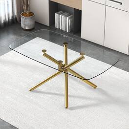 Loheer - Large Rectangular Glass Dining Table with Tempered Top and Gilded Metal Legs - Golden