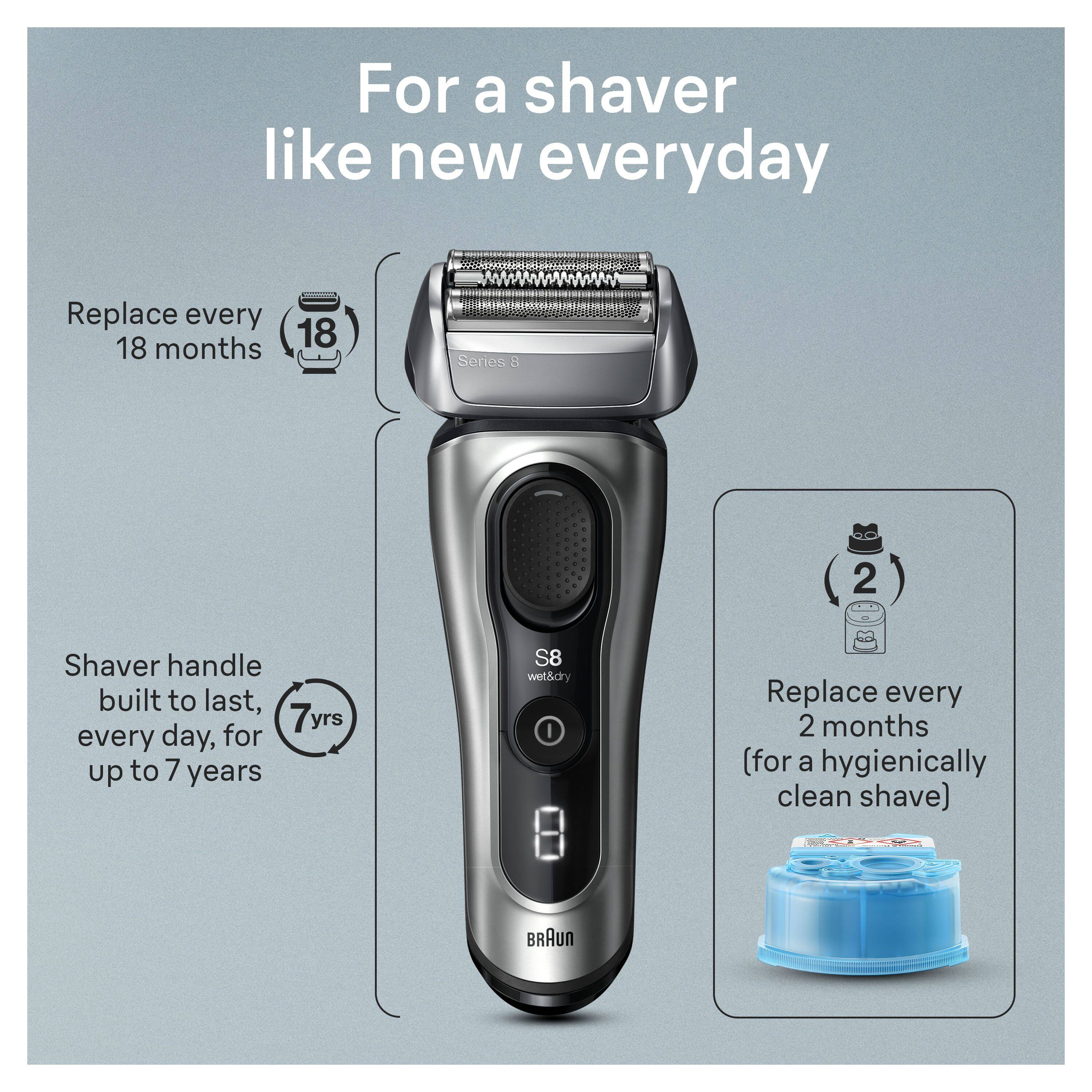 For a shaver like new everyday

Replace every 18 months

Shaver handle built to last, every day, for up to 7 years

Replace every 2 months (for a hygienically clean shave)

BRAUN