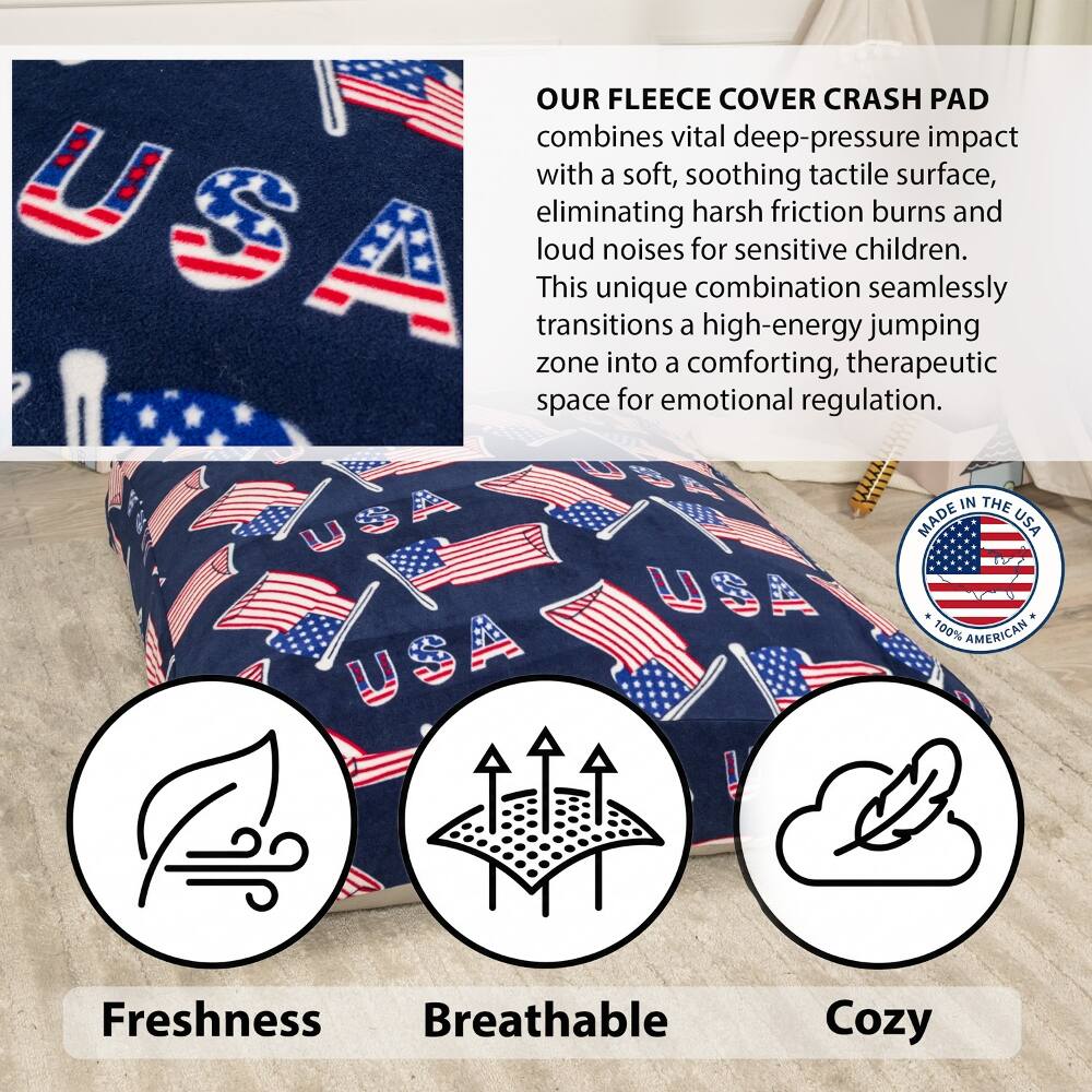 OUR FLEECE COVER CRASH PAD combines vital deep-pressure impact with a soft, soothing tactile surface, eliminating harsh friction burns and loud noises for sensitive children. This unique combination seamlessly transitions a high-energy jumping zone into a comforting, therapeutic space for emotional regulation.

USA
USA
IN THE MADE USA 100% AMERICAN

Freshness Breathable Cozy