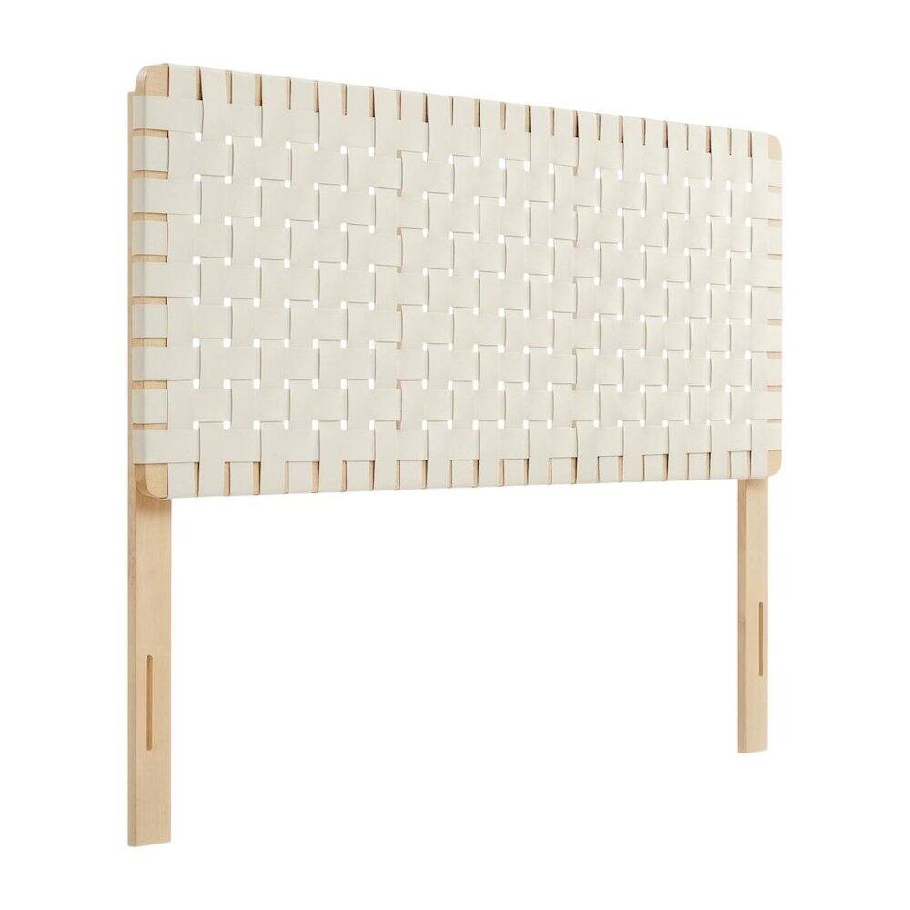Front. FurniFact - Vegan Leather Full Headboard with Woven Texture and Sturdy Frame - Beige.