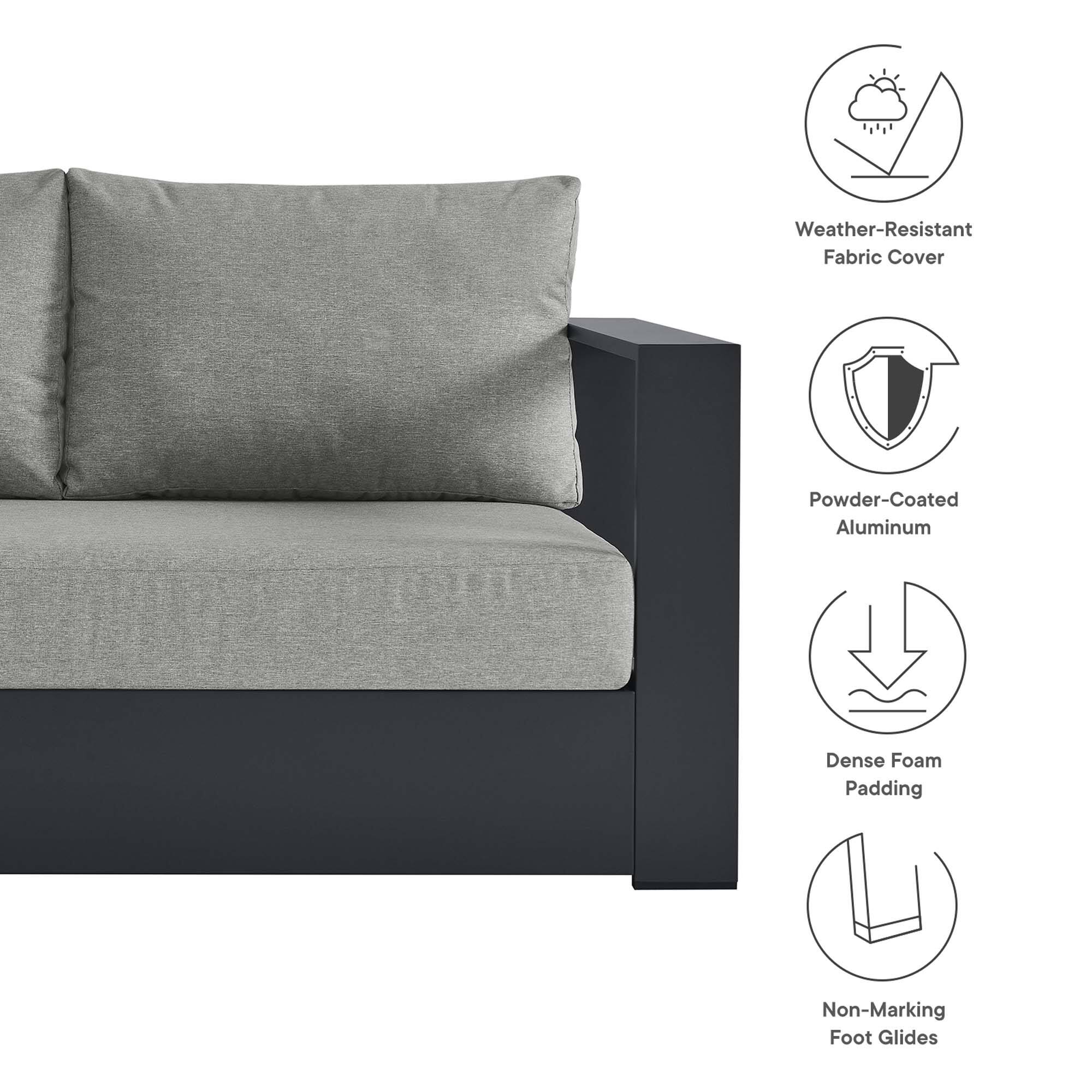 Weather-Resistant Fabric Cover  
Powder-Coated Aluminum  
Dense Foam Padding  
Non-Marking Foot Glides
