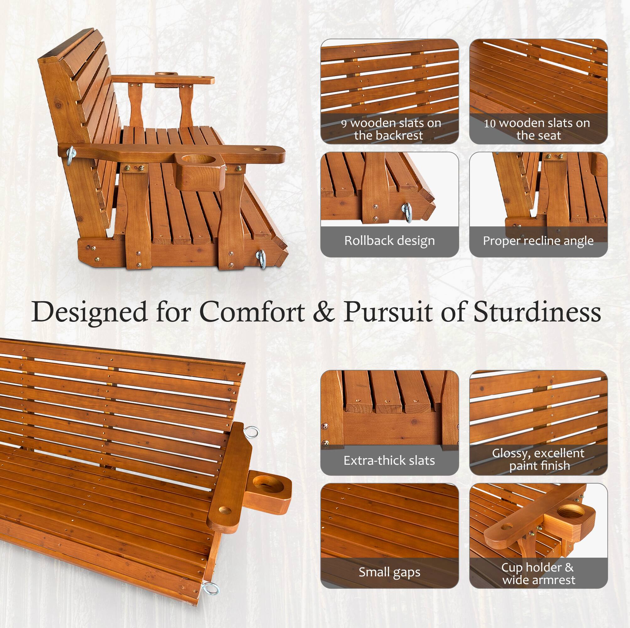 9 wooden slats on the backrest  
10 wooden slats on the seat  
Rollback design  
Proper recline angle  
Designed for Comfort & Pursuit of Sturdiness  
Extra-thick slats  
Glossy, excellent paint finish  
Small gaps  
Cup holder & wide armrest