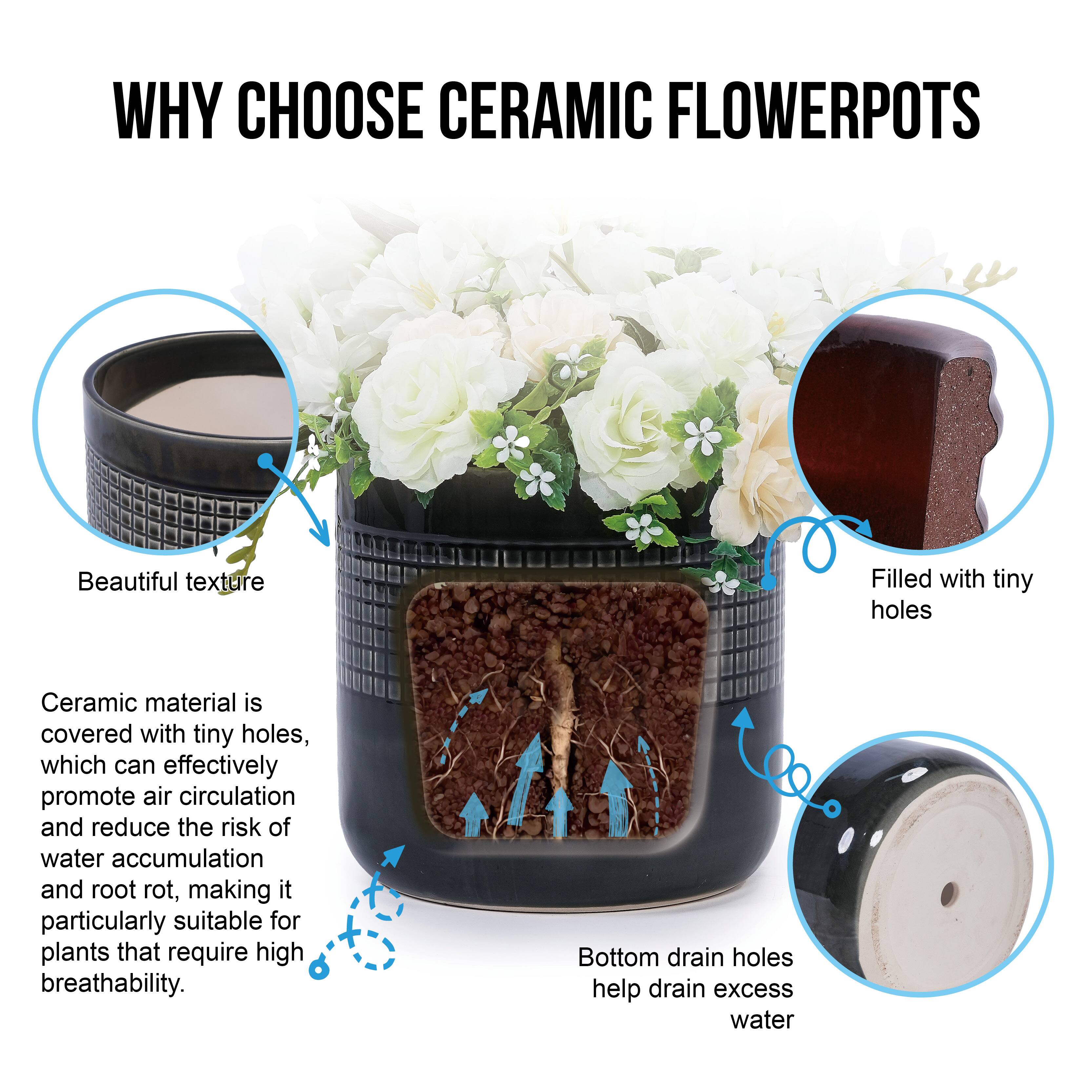 WHY CHOOSE CERAMIC FLOWER POTS

Beautiful texture

Ceramic material is covered with tiny holes, which can effectively promote air circulation and reduce the risk of water accumulation and root rot, making it particularly suitable for plants that require high breathability.

Filled with tiny holes

Bottom drain holes help drain excess water