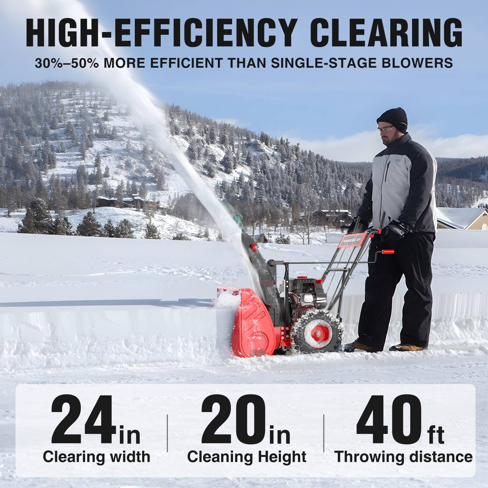HIGH-EFFICIENCY CLEARING  
30%-50% MORE EFFICIENT THAN SINGLE-STAGE BLOWERS  

24 in Clearing width  
20 in Cleaning Height  
40 ft Throwing distance