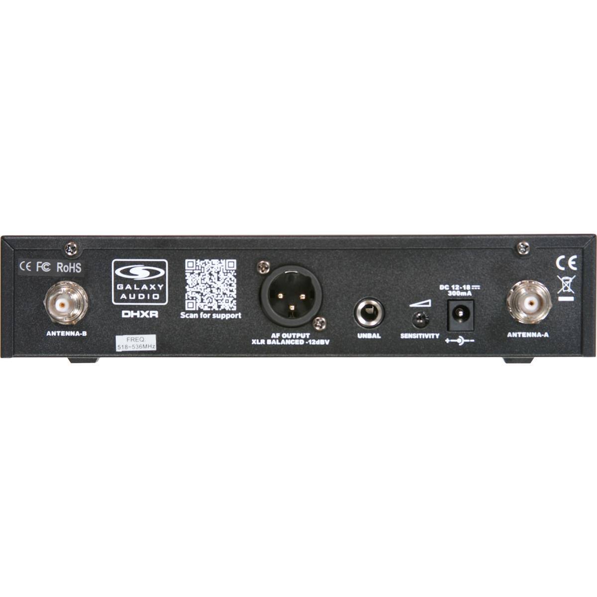 CE FC RoHS  
GALAXY AUDIO  
DHXR  
Scan for support  

ANTENNA-B  
FREQ 518-536MHz  

DC 12-18V  
300mA  

AF OUTPUT XLR BALANCED / UNBAL  
SENSITIVITY  

ANTENNA-A  

DC 12-18V  
300mA