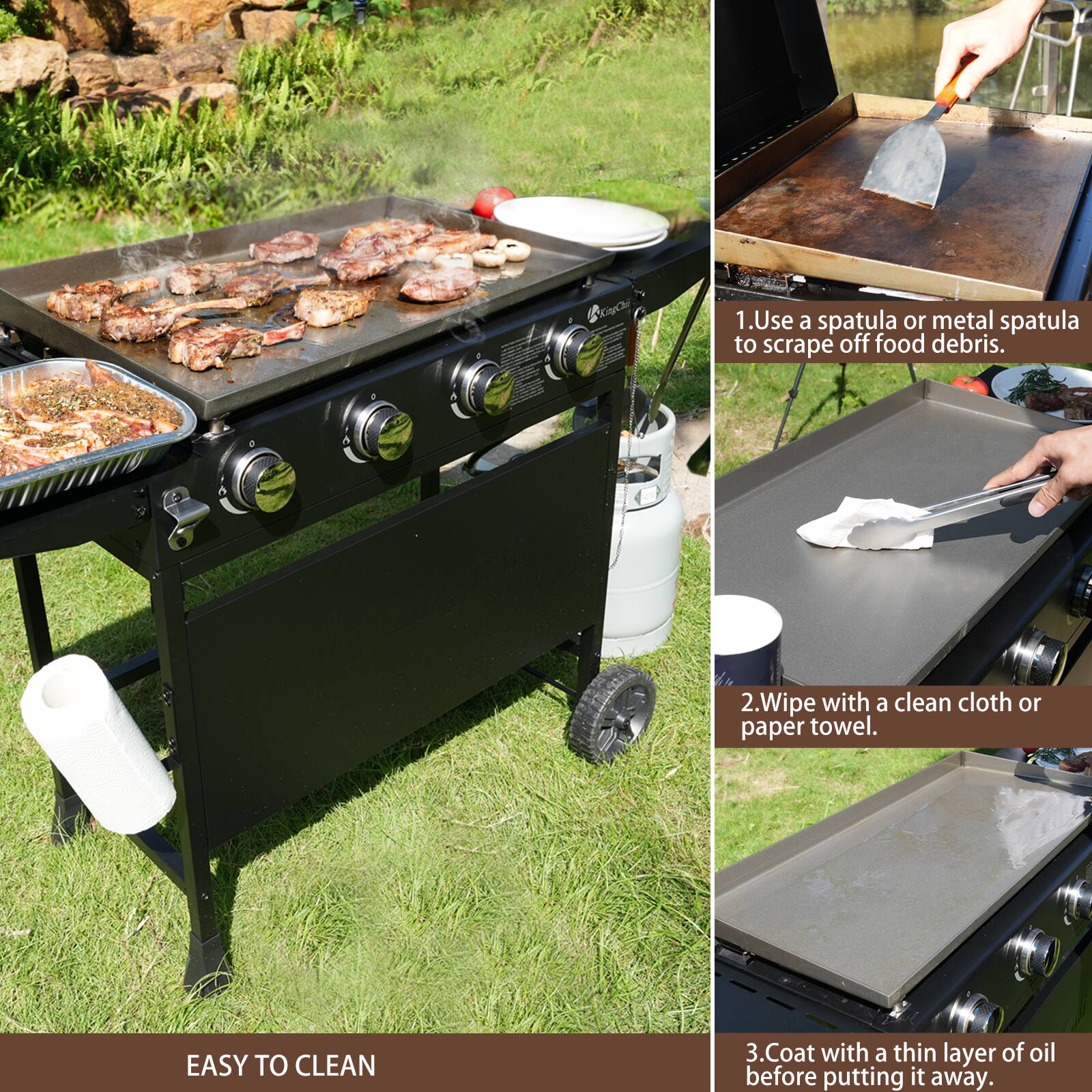 1. Use a spatula or metal spatula to scrape off food debris.
2. Wipe with a clean cloth or paper towel.
3. Coat with a thin layer of oil before putting it away.