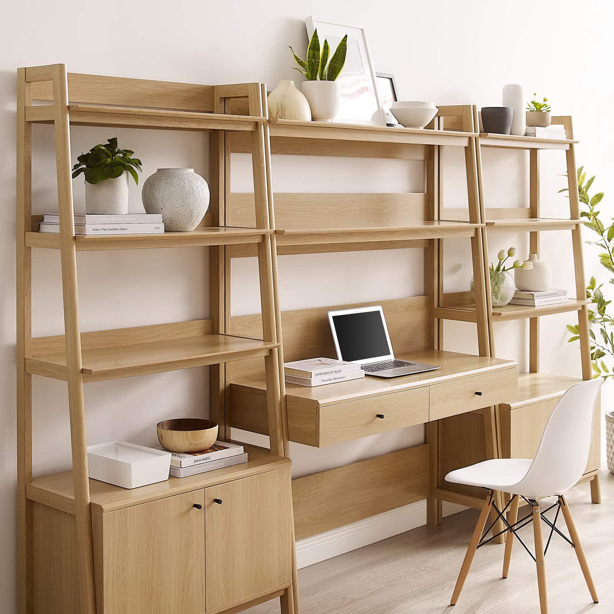 Bixby 3-Piece Wood Office Desk and Bookshelf by Modway - Oak