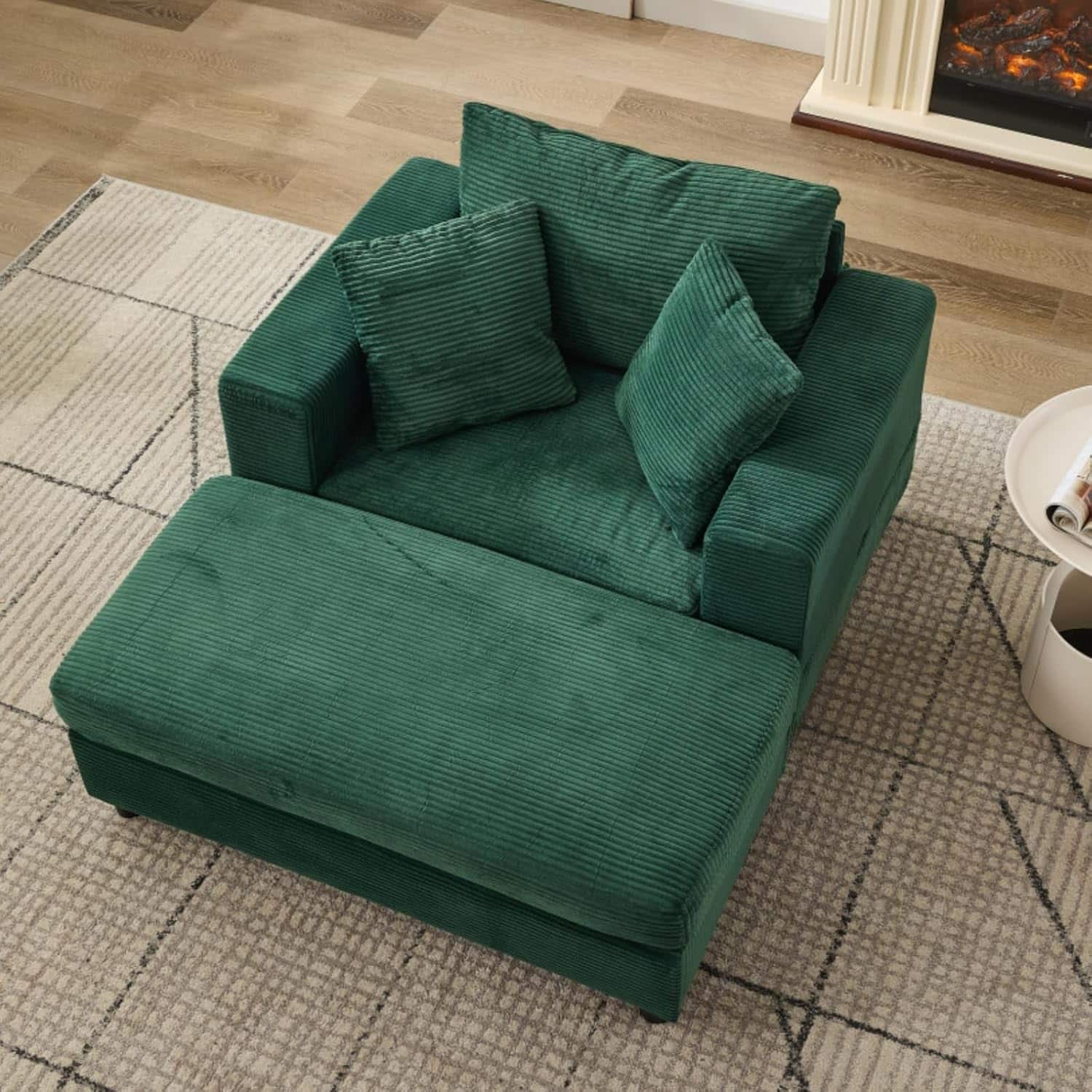Trinkets Crazed - Chaise Lounge Chair Indoor, Oversized Corduroy Upholstered Sofa Bed With Removable Storage Ottoman - Green