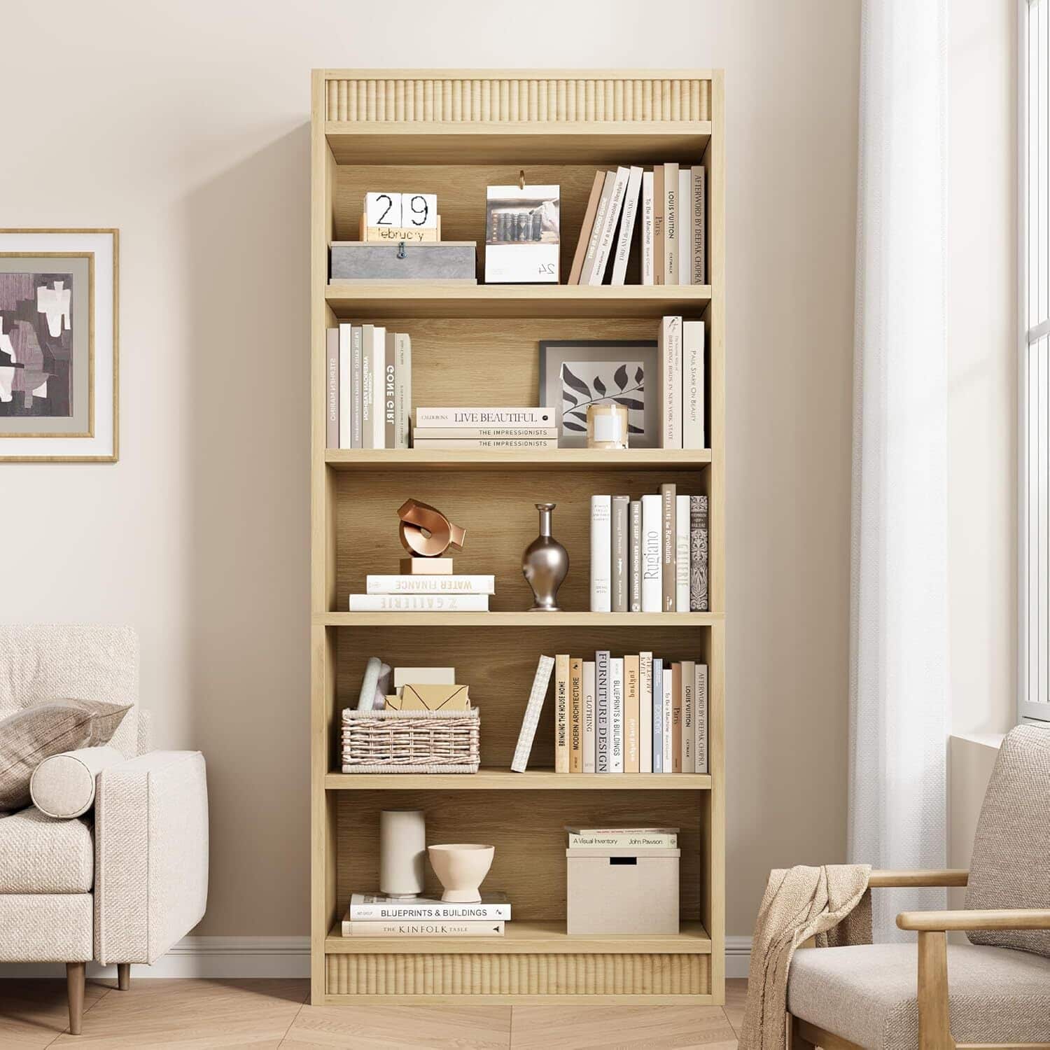 GARVEE - 5 Tier Tall Bookshelf with Wooden Base, Wood Bookshelf Vintage Book Shelf - Natural