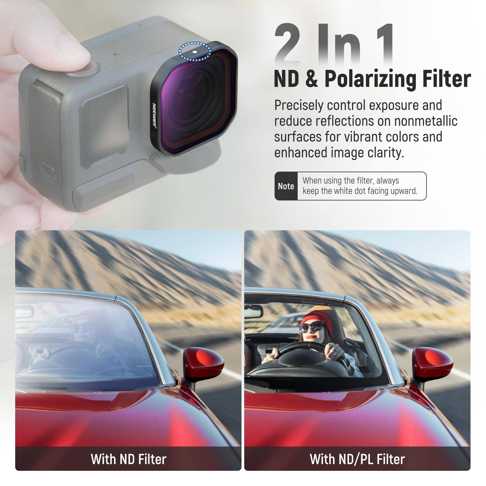 **2 In 1 ND & Polarizing Filter**

Precisely control exposure and reduce reflections on nonmetallic surfaces for vibrant colors and enhanced image clarity.

**Note:** When using the filter, always keep the white dot facing upward.

- With ND Filter
- With ND/PL Filter