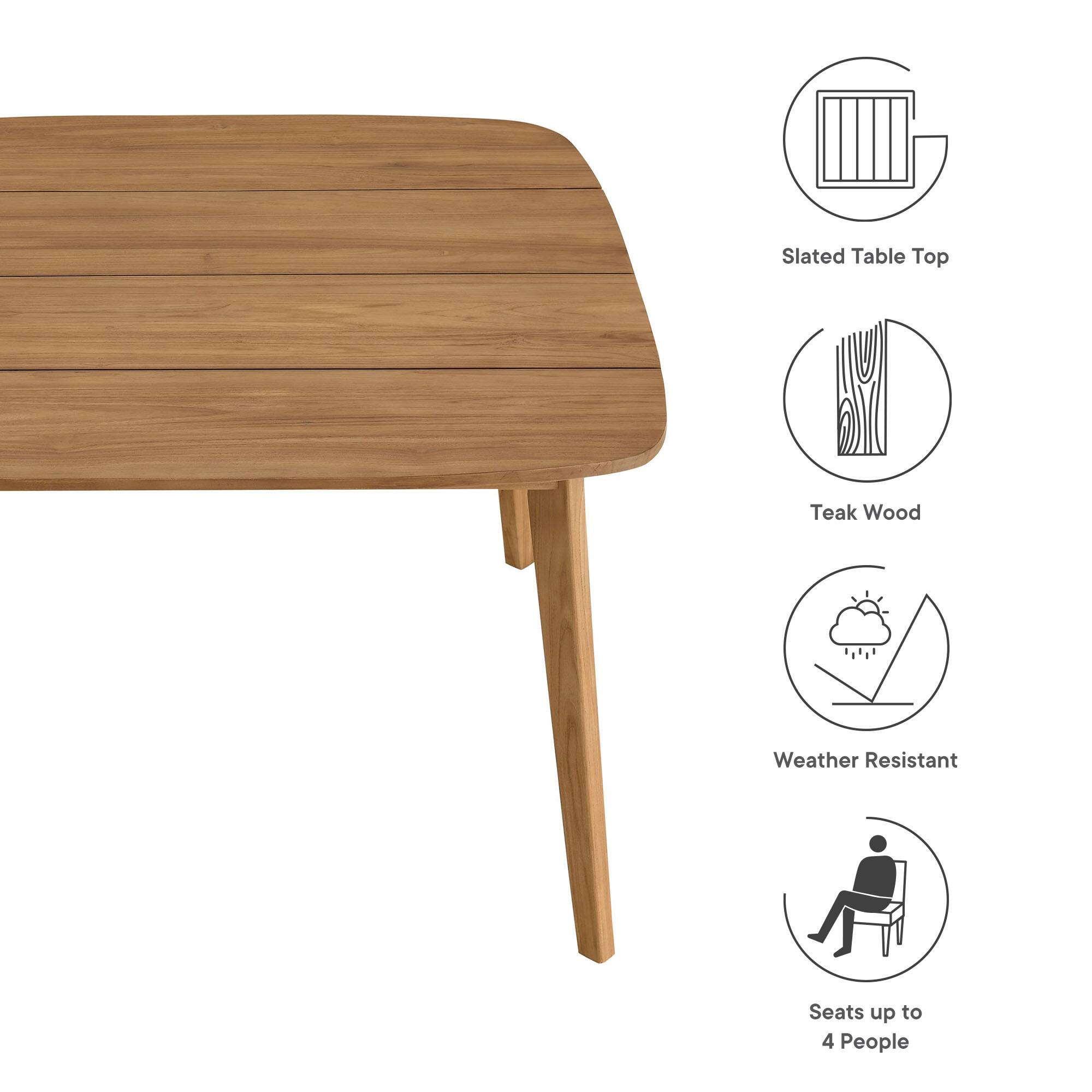 - Slated Table Top
- Teak Wood
- Weather Resistant
- Seats up to 4 People
