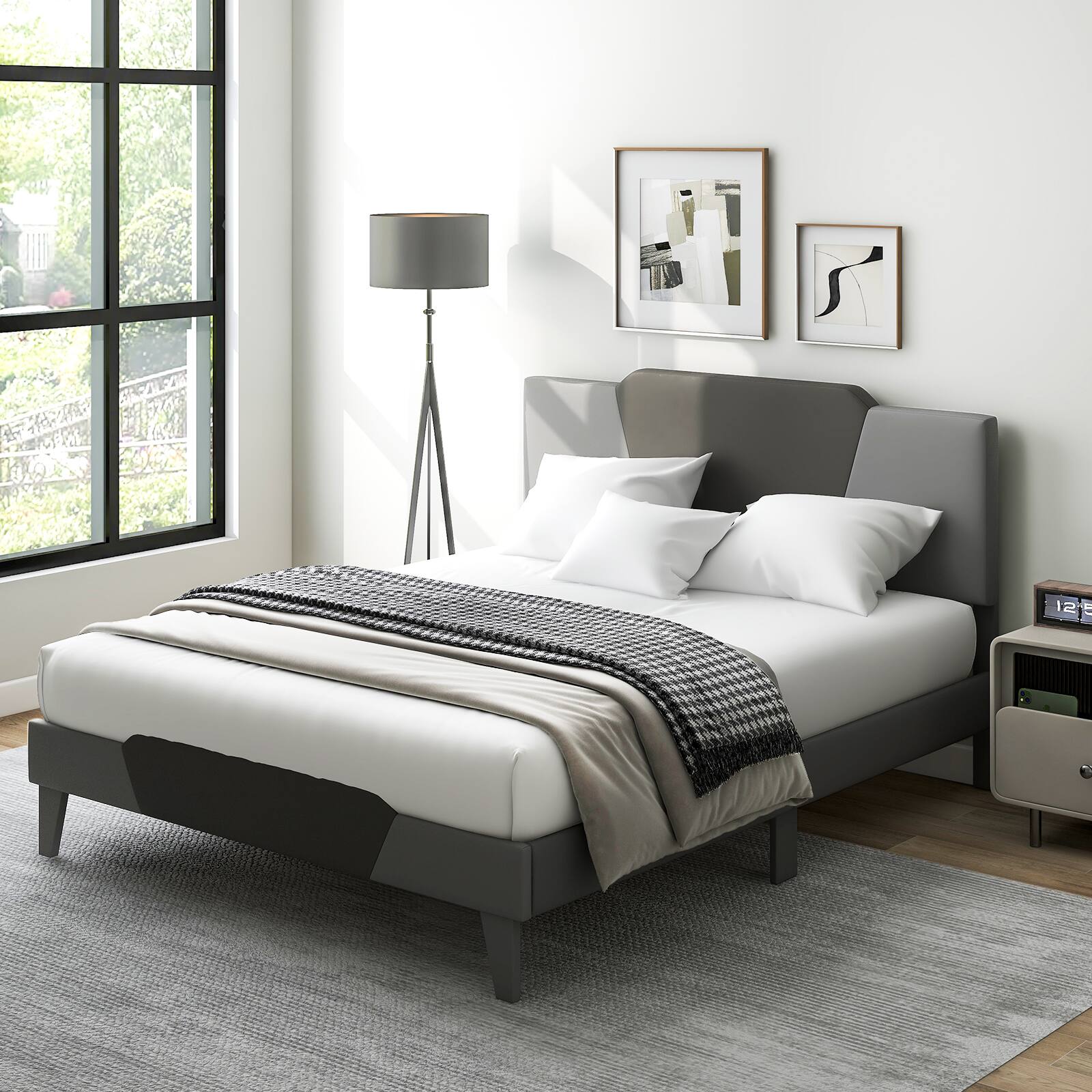 Angle. SlickBlue - Velvet Upholstered Bed Frame with High Padded Headboard for Bedroom - Grey.