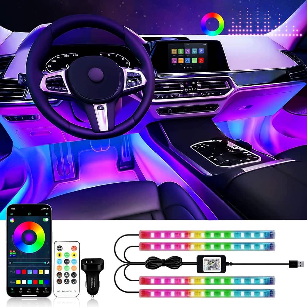 PARKER SLATER - Interior Car Strip Lights, 12V LED Footwell Neon Lighting Kit with APP Control, Music Sync, Car Charger - RGB
