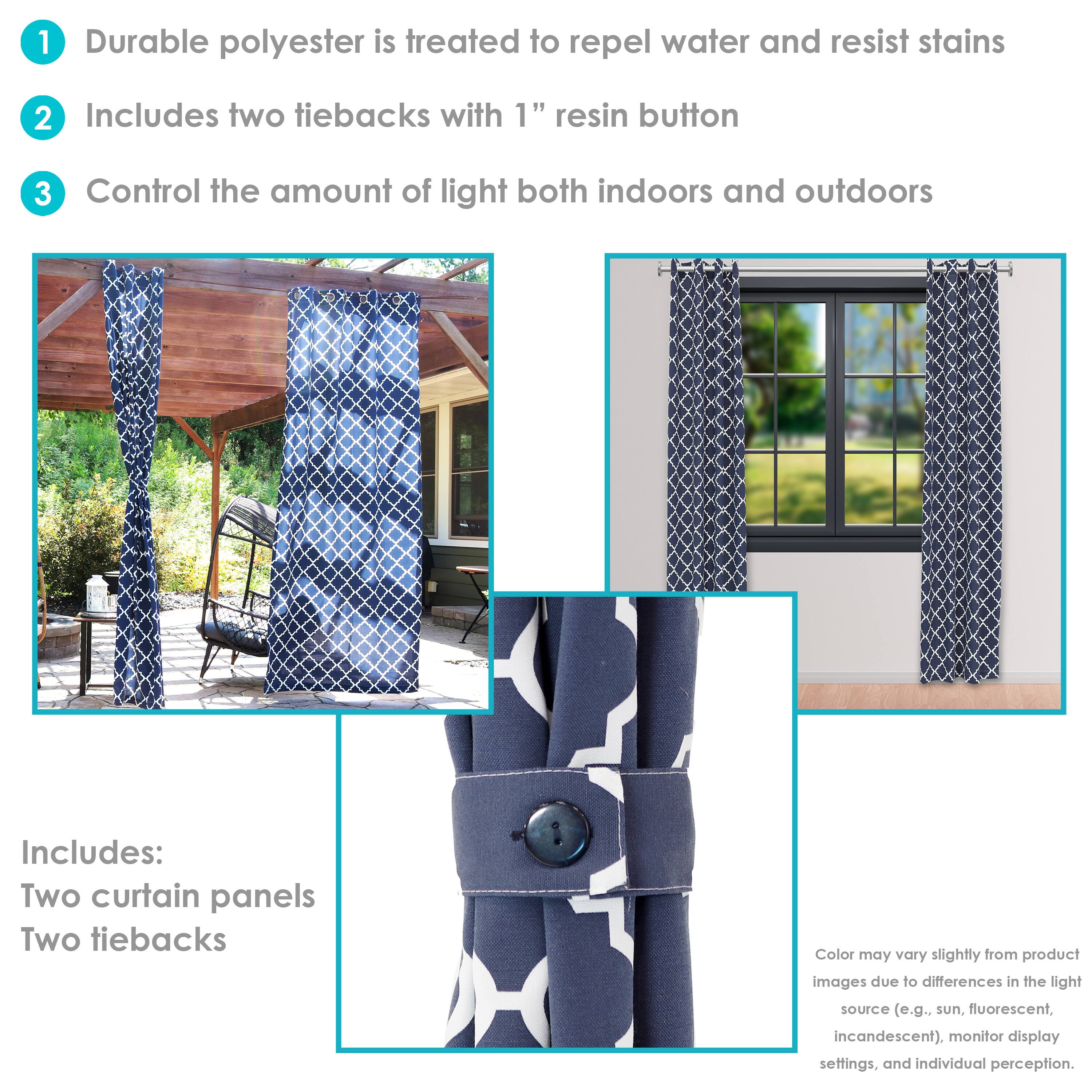 1. Durable polyester is treated to repel water and resist stains.
2. Includes two tiebacks with 1" resin button.
3. Control the amount of light both indoors and outdoors.

Includes:
- Two curtain panels
- Two tiebacks

Color may vary slightly from product images due to differences in the light source (e.g., sun, fluorescent, incandescent), monitor display settings, and individual perception.