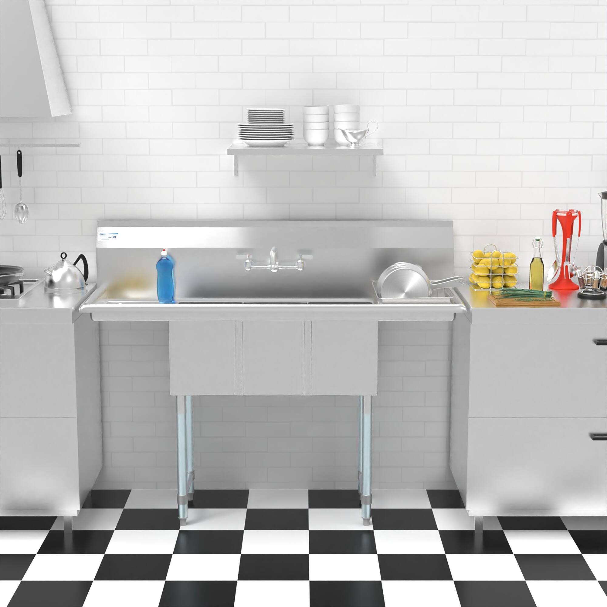 Alt View 7. Koolmore - 54 in. Three Compartment Stainless Steel  Sink with Faucet and Drainboards, Bowl Size 10"x 10"x 14" - Stainless Steel.