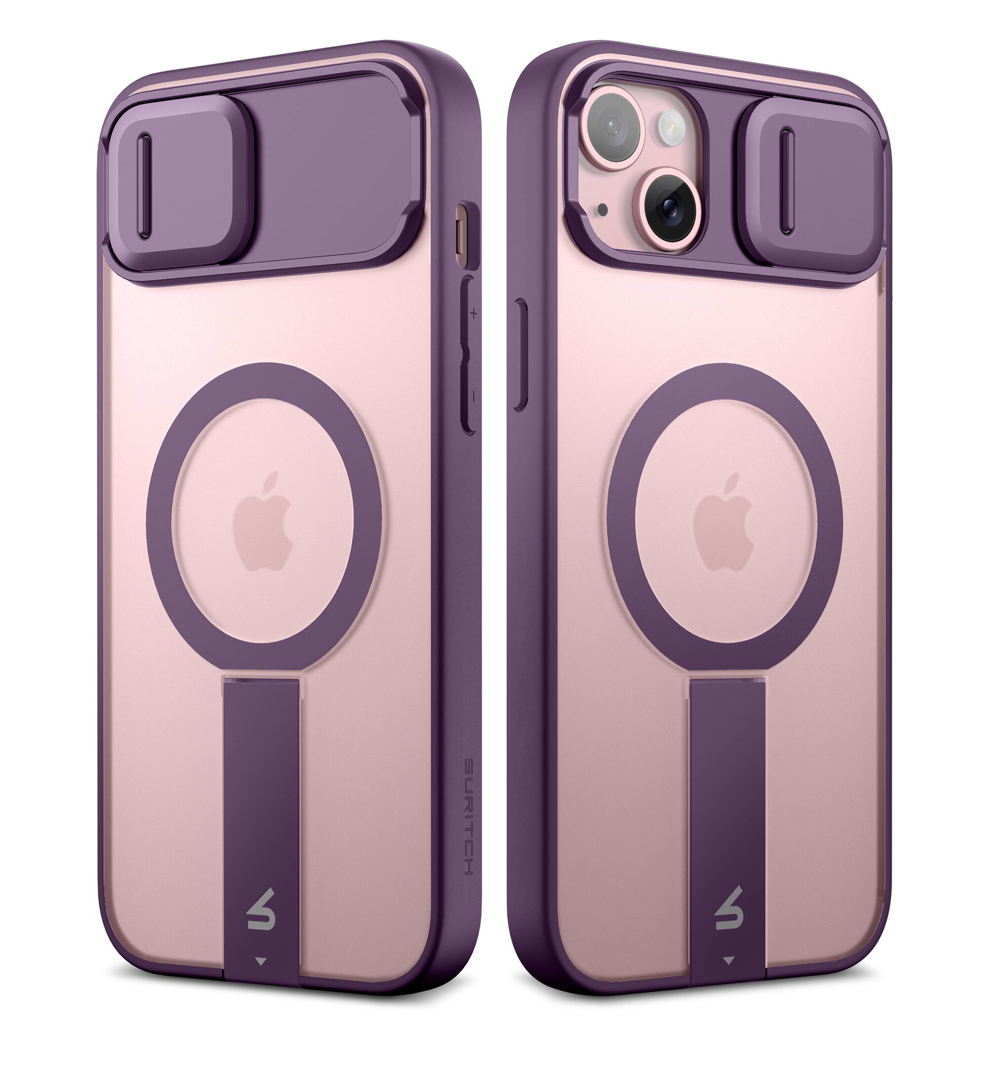 Angle. SURITCH - Rugged Case for iPhone 15, Compatible with MagSafe, Built-in Kickstand & Camera Cover & Translucent Back 6.1 inch - Mulberry Purple.