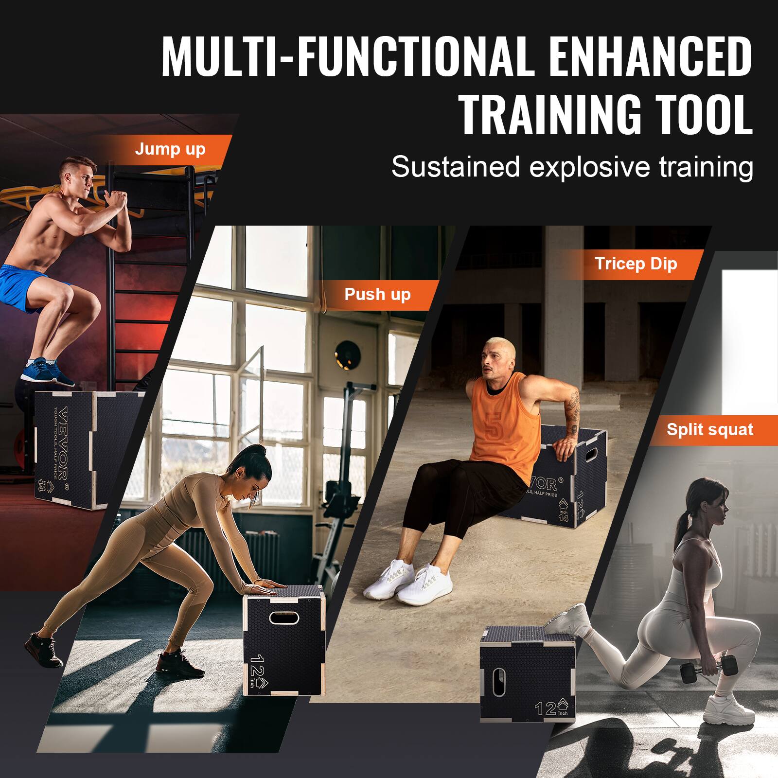 The text in the image can be grouped and corrected as follows:

**Multi-Functional Enhanced Training Tool**

- Jump up
- Push up
- Tricep Dip
- Split squat

**Sustained explosive training**