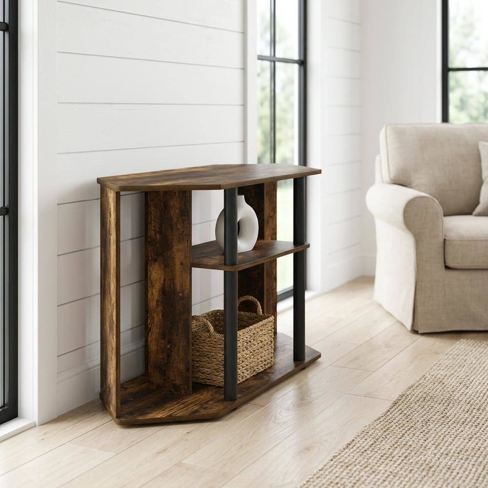 Alt View 1. FurniFact - Wood TV Stand, Plastic Poles, Up to 43-Inch Screen in Amber Pine, Black - Brown Black.