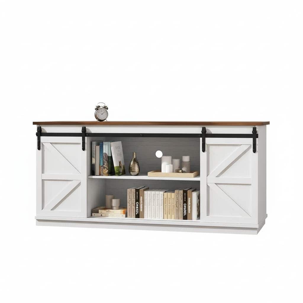 FINEAK - Farmhouse Style TV Stand, 58" Media Console with Sliding Barn Doors and Storage Cabinets, Fits up to 65" TVs - Blanco leche
