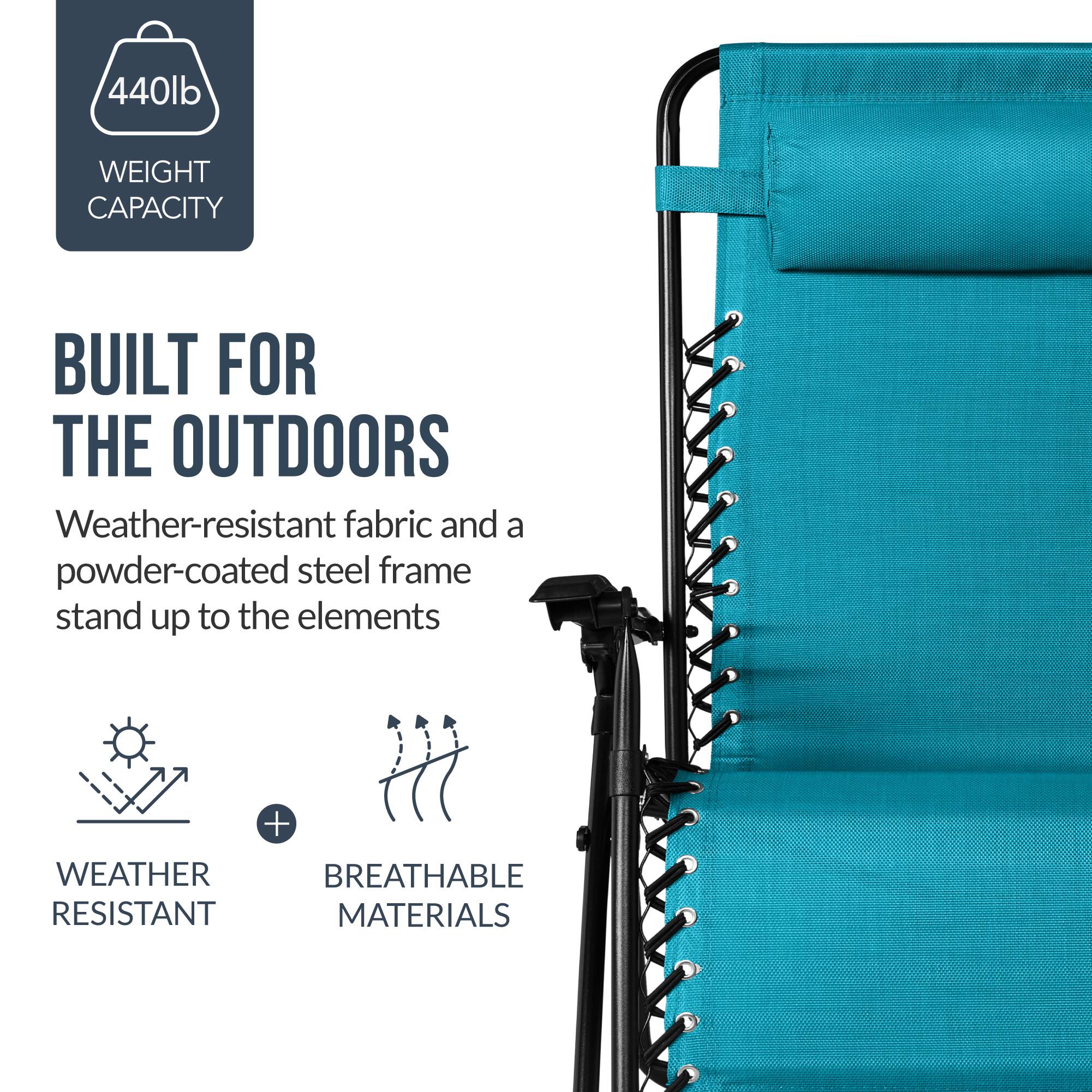 440lb WEIGHT CAPACITY  
BUILT FOR THE OUTDOORS  
Weather-resistant fabric and a powder-coated steel frame stand up to the elements  
+ WEATHER RESISTANT MATERIALS