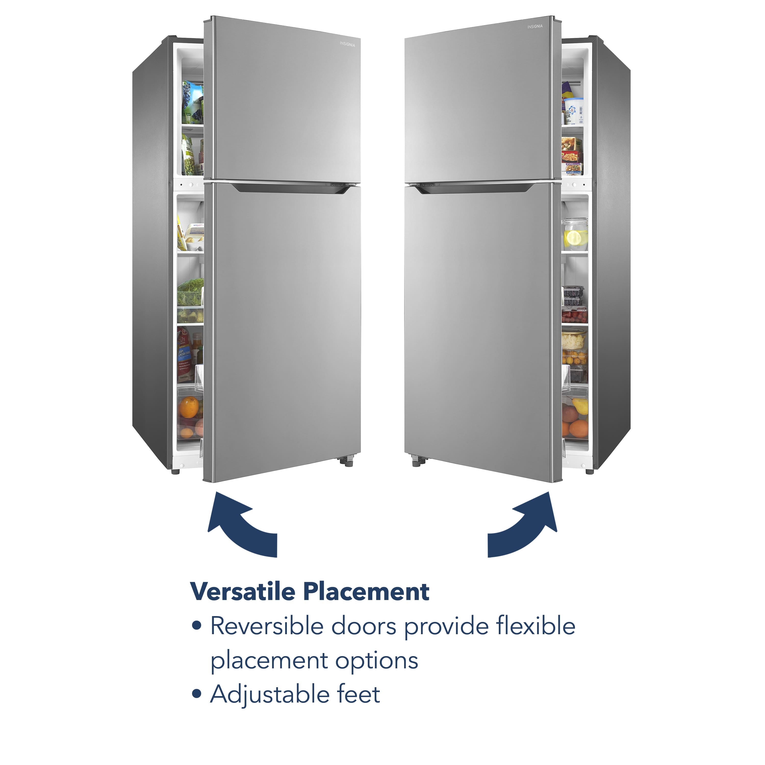 Versatile Placement: Reversible doors provide flexible placement options. Adjustable feet allow for easy adjustment of the refrigerator's position on the floor.