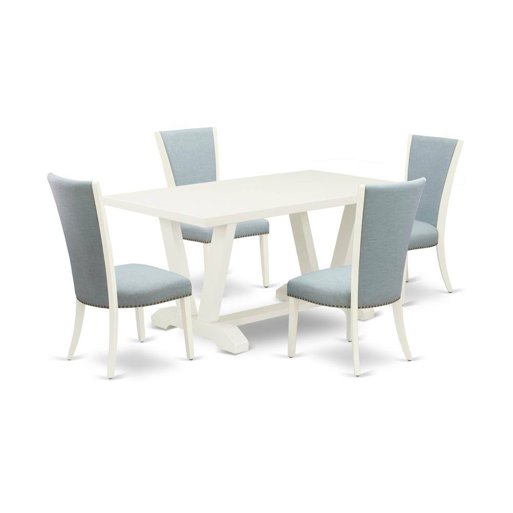 Left. East West Furniture - East West Furniture X096VE215-5 5 Piece Dining Room Table Set - 4 Baby Blue Linen Fabric Parson Chairs with Nailheads - Multi-Color.