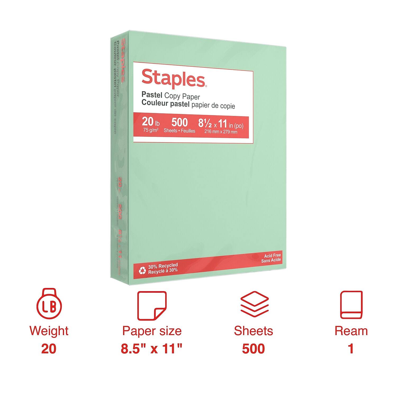 - **Brand:** Staples
- **Product:** Pastel Copy Paper
- **Color:** Pastel
- **Weight:** 20 lb (75 g/m²)
- **Paper Size:** 8½ x 11 in (216 mm x 279 mm)
- **Sheets:** 500
- **Ream:** 1
- **Recycled:** 30% Recycled
- **Acid Free:** Acid Free (Sans Acide)
- **LB:** Yes