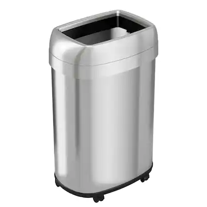 Front. HLS Commercial - Open Top Trash Can with Wheels, Oval, 13 gal, Plastic/Stainless Steel, Silver.