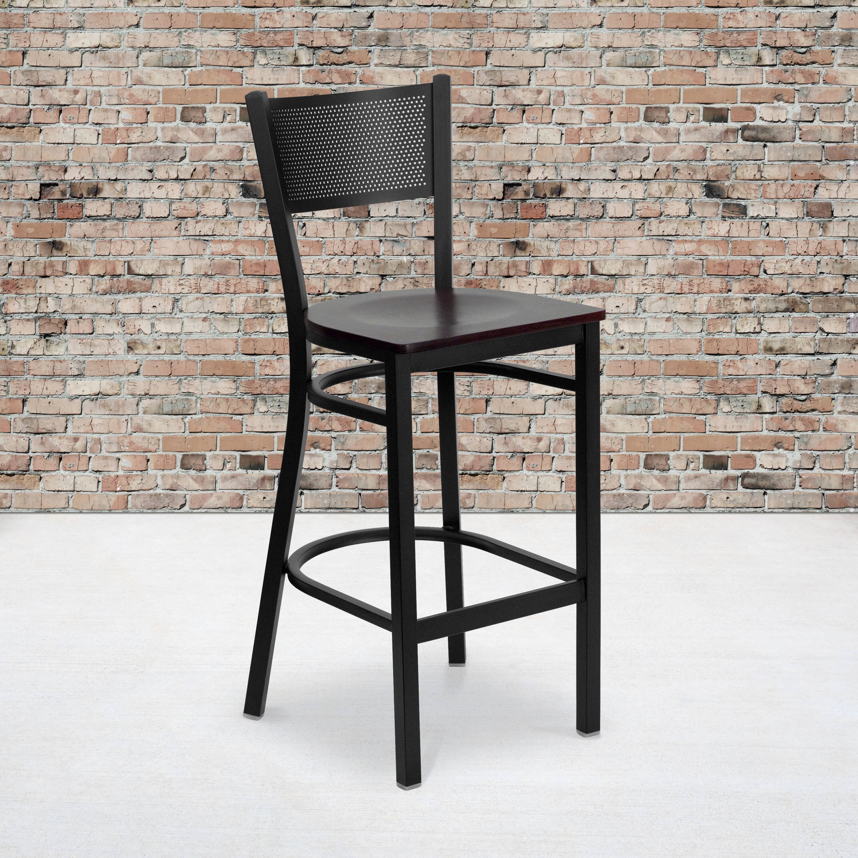 Alt View 1. Emma + Oliver - Grid Back Metal Restaurant Dining Barstool - Mahogany Wood Seat/Black Metal Frame.