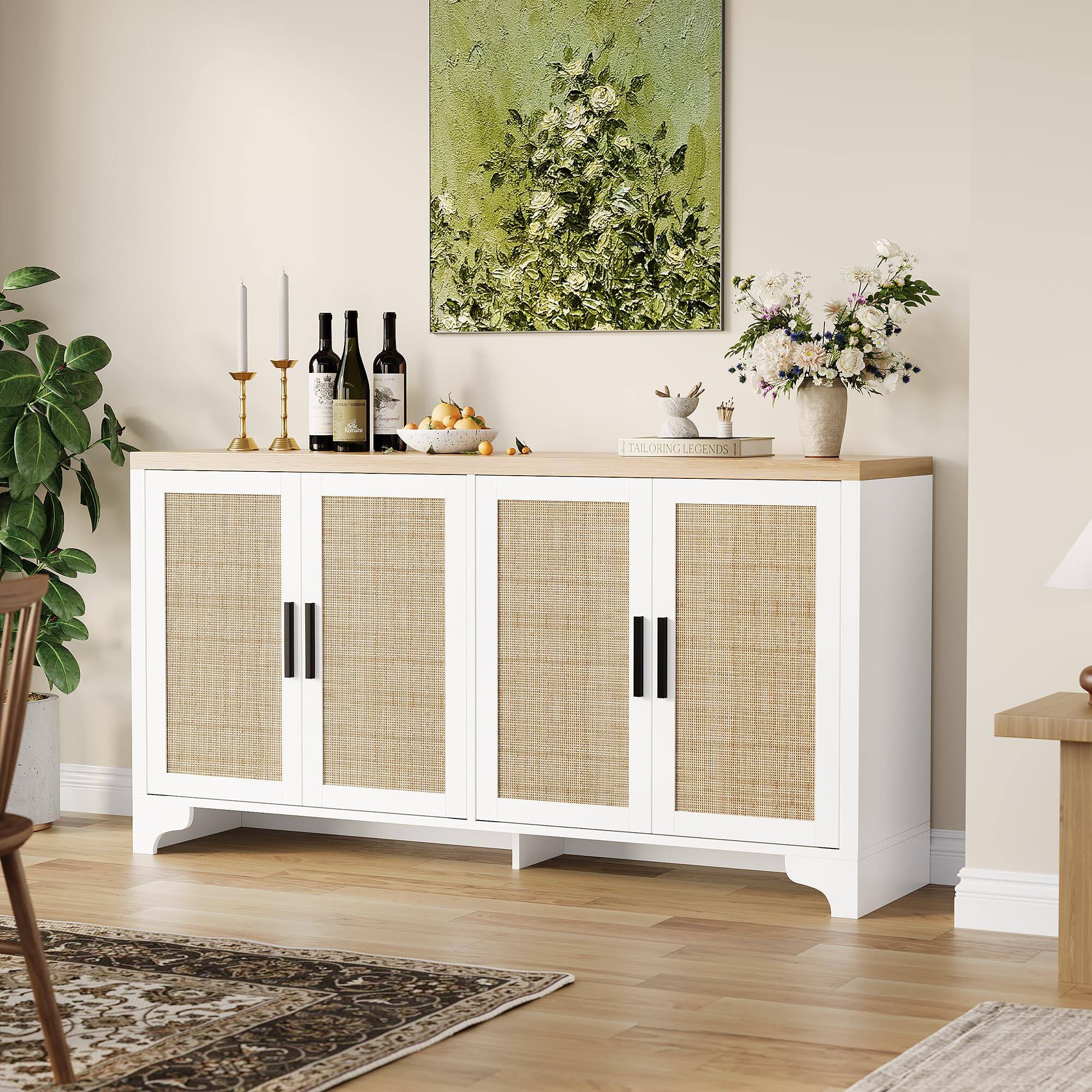 Qeetex - 4-Door Rattan Sideboard Buffet Cabinet with Adjustable Shelves, Boho Console for Living Room - White