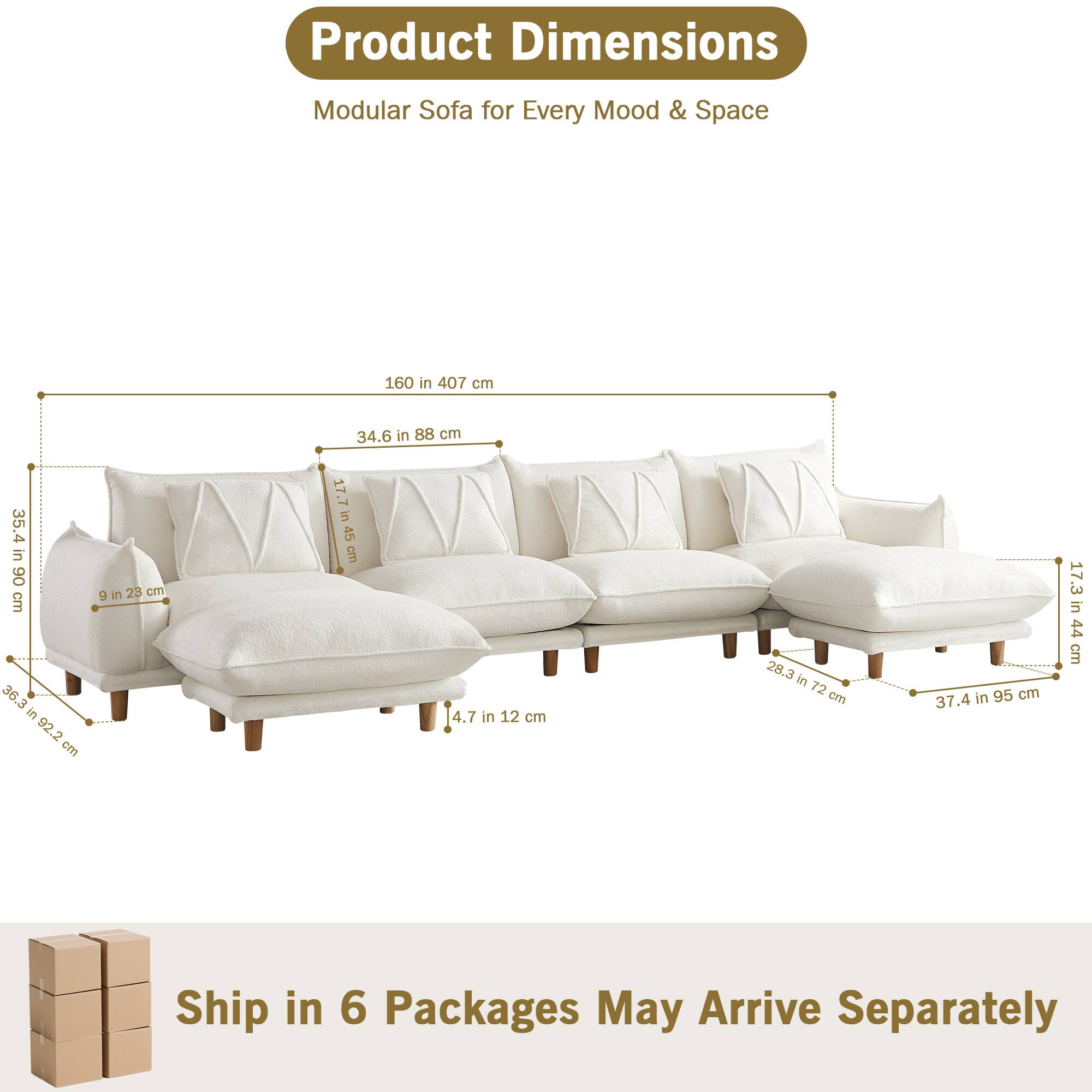 Product Dimensions  
Modular Sofa for Every Mood & Space  

- 160 in 407 cm  
- 34.6 in 88 cm  
- 35.4 in 90 cm  
- 36.3 in 92.2 cm  
- 9 in 23 cm  
- 17.7 in 45 cm  
- 4.7 in 12 cm  
- 28.3 in 72 cm  
- 37.4 in 95 cm  
- 17.3 in 44 cm  

Ship in 6 Packages May Arrive Separately