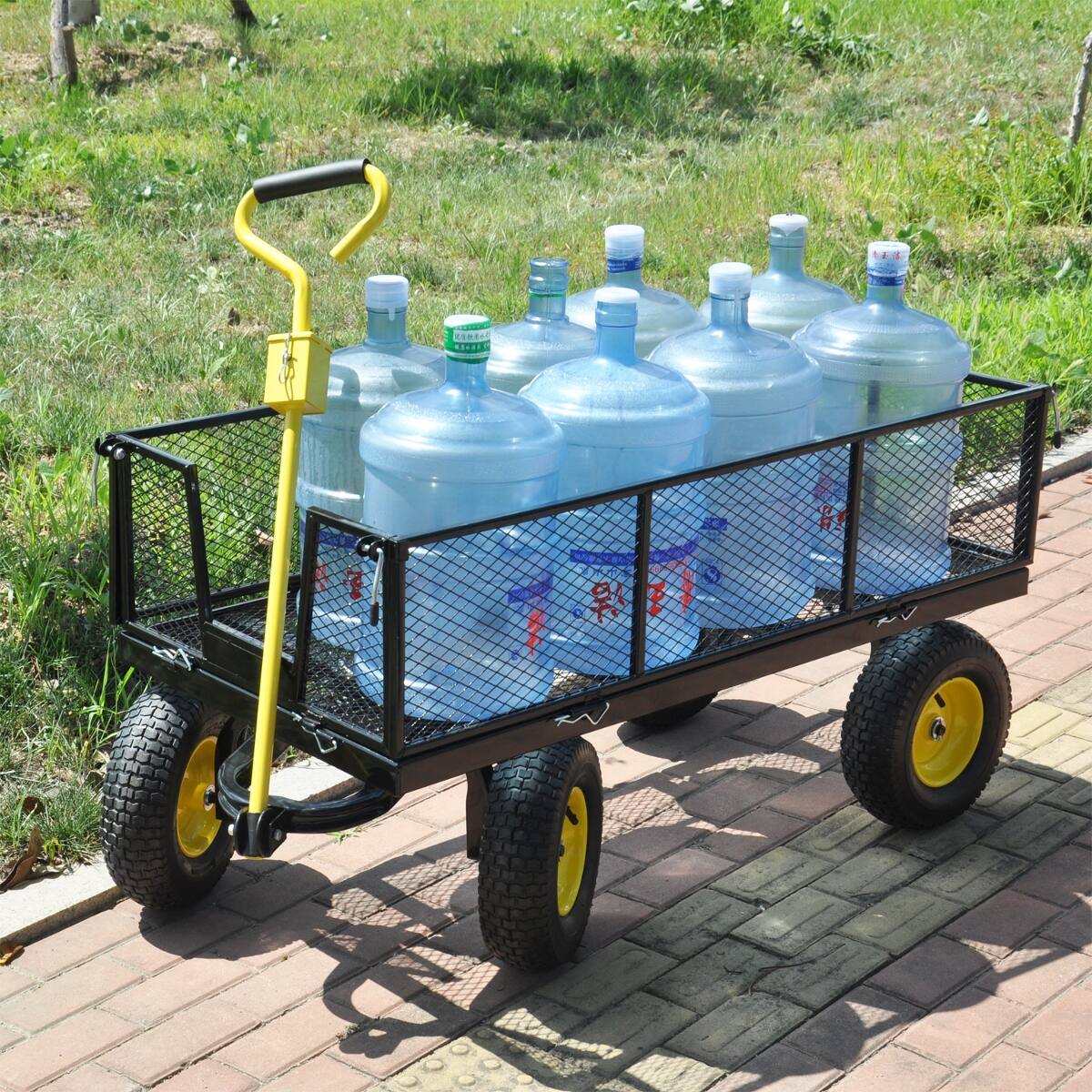 Front. Loheer - Loheer Heavy Duty Garden Cart with Pneumatic Tires, 880 lb Static Load, Black and Yellow.