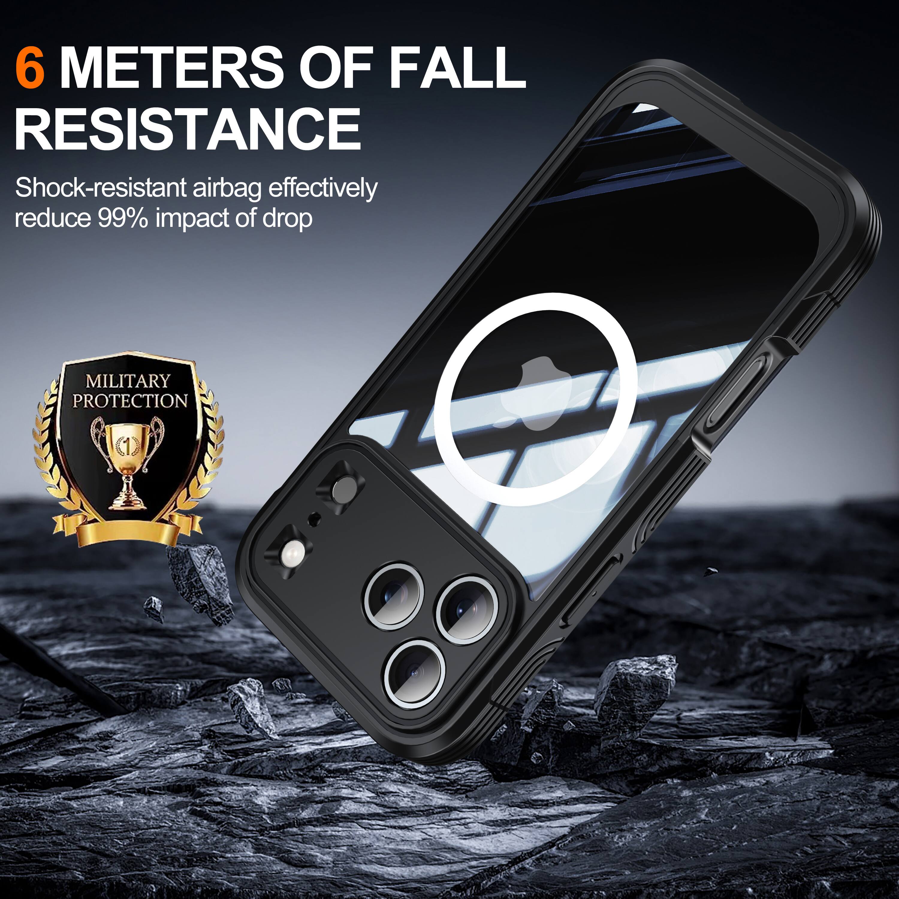6 METERS OF FALL RESISTANCE  
Shock-resistant airbag effectively reduce 99% impact of drop  
MILITARY PROTECTION