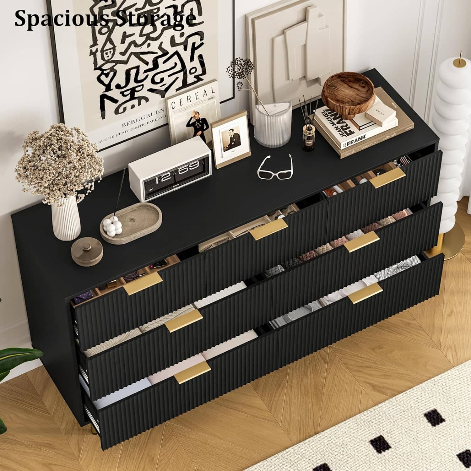 Qeetex - 7 Drawer Fluted Dresser for Bedroom, Chest with Gold Handle, Modern Storage Organizer for Closet, Hallway - Black