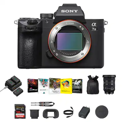 SONY E-mount α7 III
- PhotoMirage
- VideoStudio 2000
- Painter Essentials 7
- PaintShop Pro 2022
- AfterShot Pro 3
- Extreme PRO 200MB/s 128GB SanDisk
- SONY α Lens Hood
- SONY α Strap
- SONY α Camera Bag
- SONY α Lens
- SONY α Battery Charger
- SONY α Battery
- SONY α USB Cable
- SONY α AC Adapter