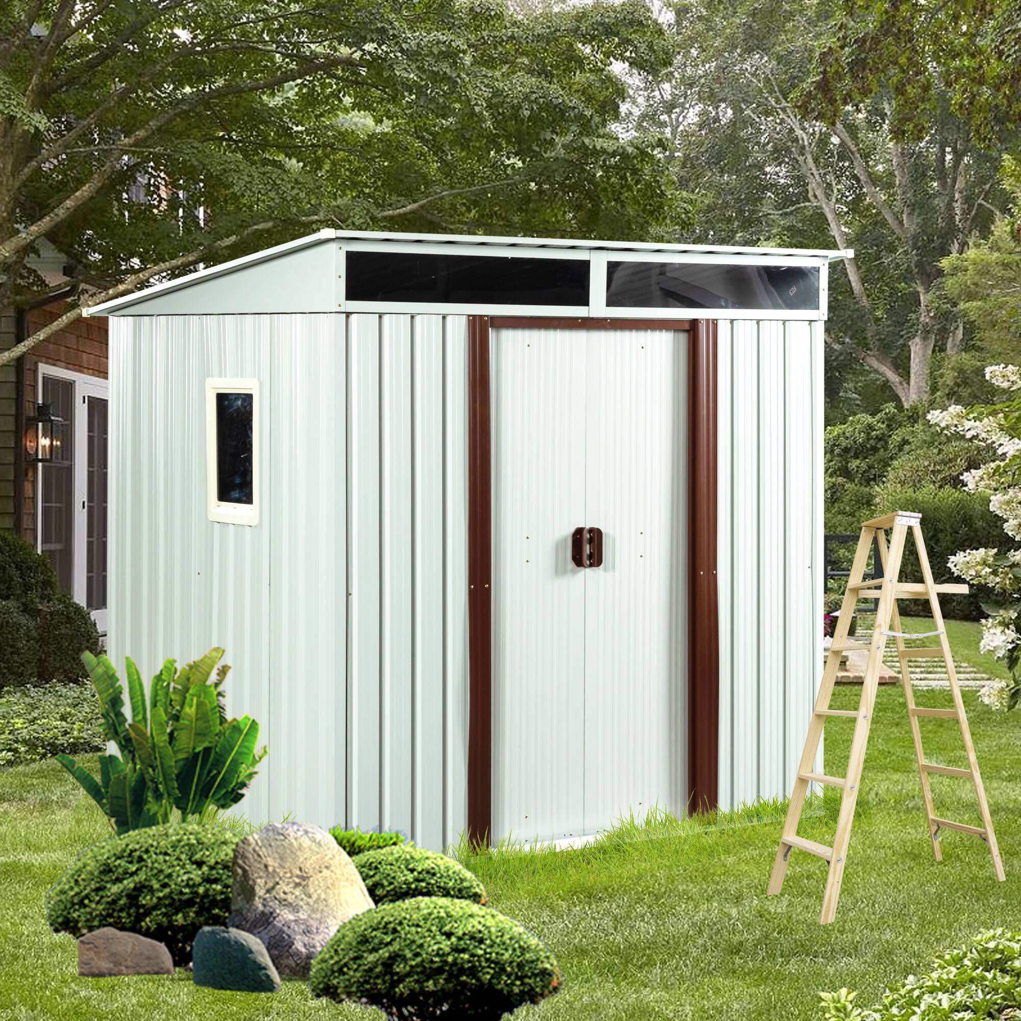 Angle. Mondawe - 6ft x 5ft Outdoor Metal Storage Shed with Window and Metal Foundation - White.