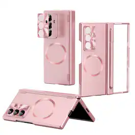 Dteck - For Samsung Galaxy Z Fold 7 Rugged Shockproof Magnetic Case 2 Hinge Cover with Stylus and Screen Protector Included - Pink