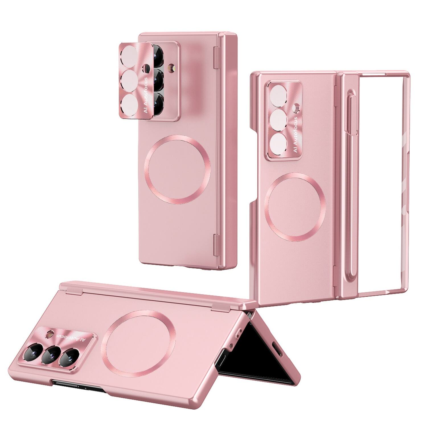 Dteck - For Samsung Galaxy Z Fold 7 Rugged Shockproof Magnetic Case 2 Hinge Cover with Stylus and Screen Protector Included - Pink