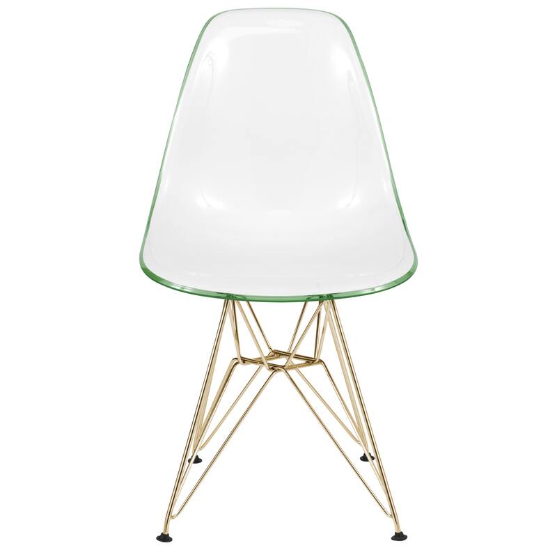 Left. LeisureMod - Cresco 4-Pieces Modern Acrylic Dining Chair with Ergonomic Seat and Gold Eiffel Base for Indoor Outdoor - White Green.