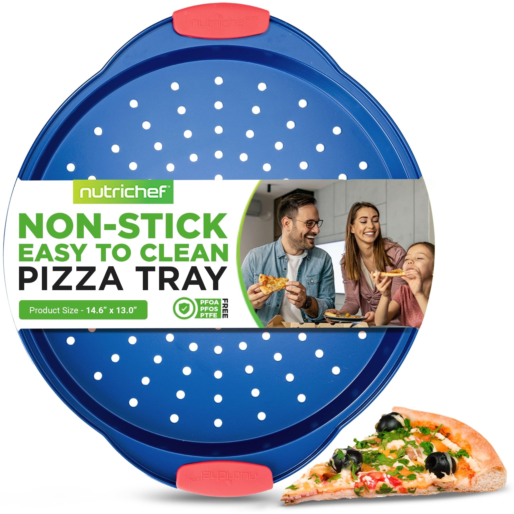 NutriChef - 13-Inch Nonstick Pizza Tray, Round Carbon Steel, Perforated Holes, Silicone Grip Handles, Blue