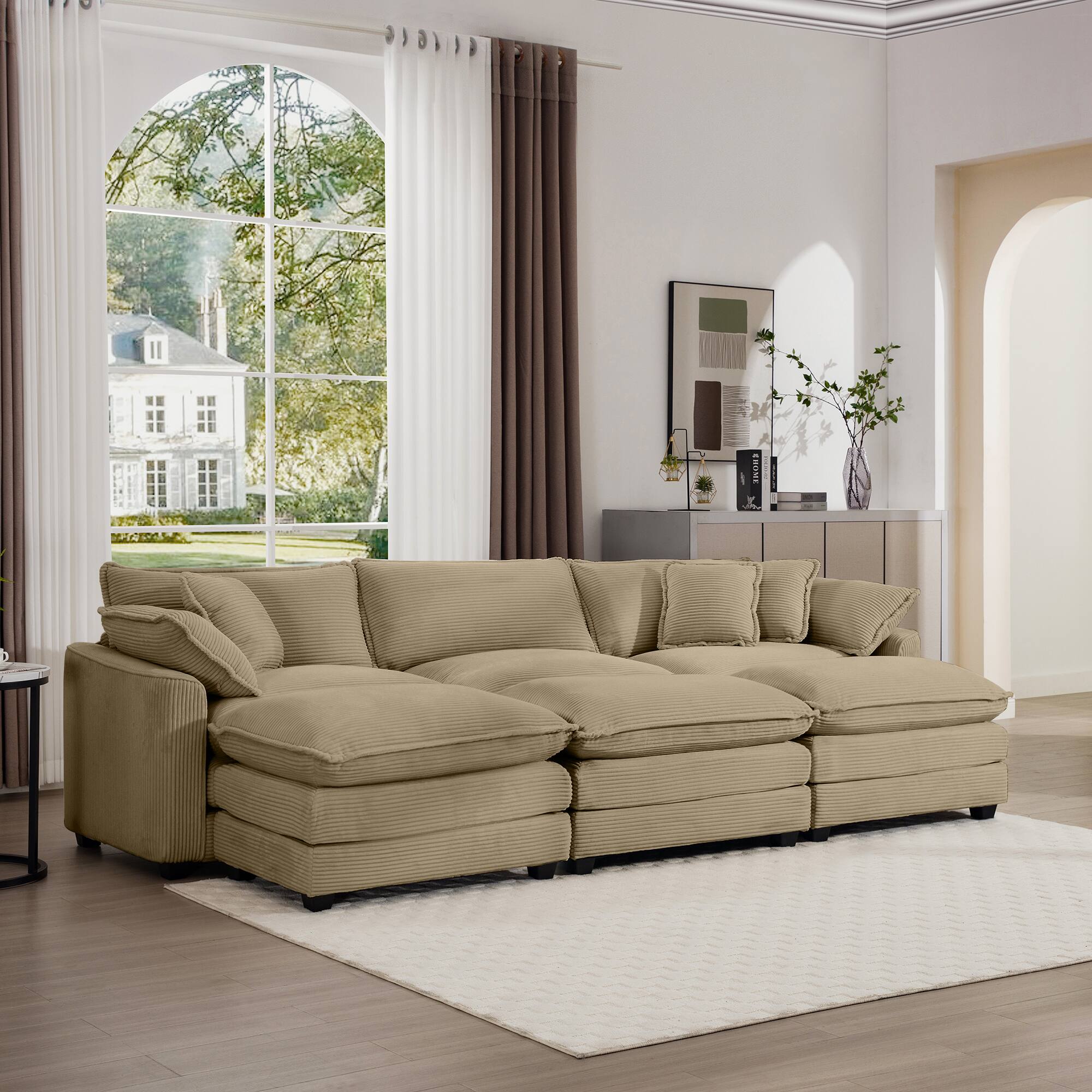 Angle. LOVMOR - Corduroy Sofa Set L Shaped Modular Deep Seat Storage Ottoman Easy Assembly Memory Foam For Bedroom Soft Lounge - Tan.