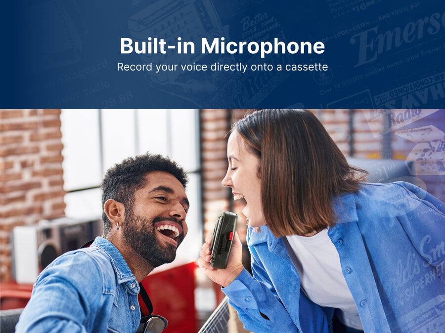 Built-in Microphone  
Record your voice directly onto a cassette  

Emerson  
Better Style  
LOOK-LISTEN  
Built-in Microphone  
Record your voice directly onto a cassette  
Emerson  
Over 15,000,000  
SUPERHET  
Radio  
$29.88