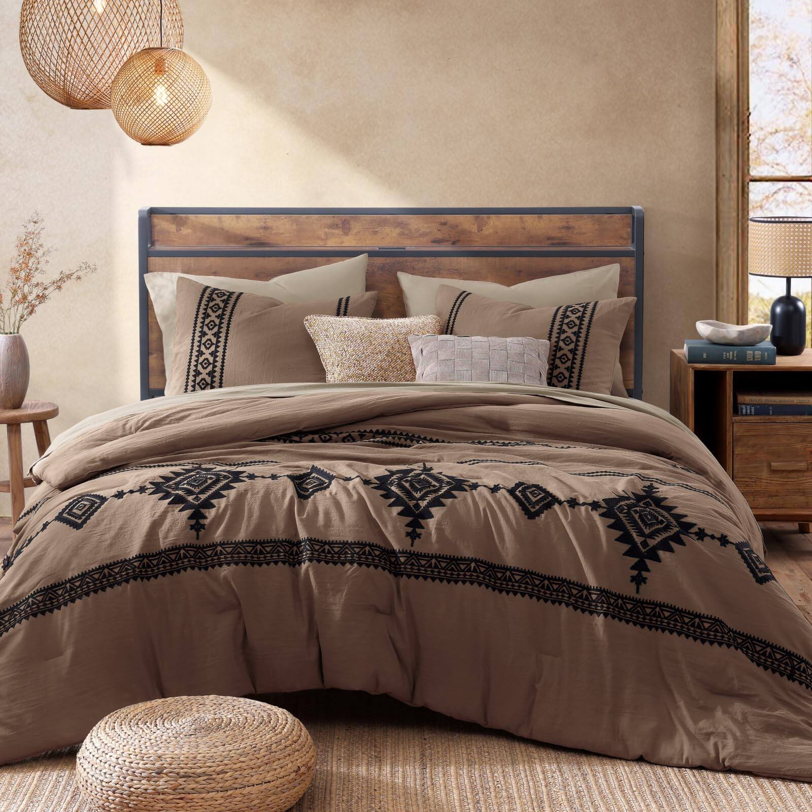 Alt View 2. Dapper Styles - Embroidery Comforter Set Boho Farmhouse Western Bedding All Season Bed In A Bag With Sheets Pillowcases Shams - Navy-King 7 Piece.