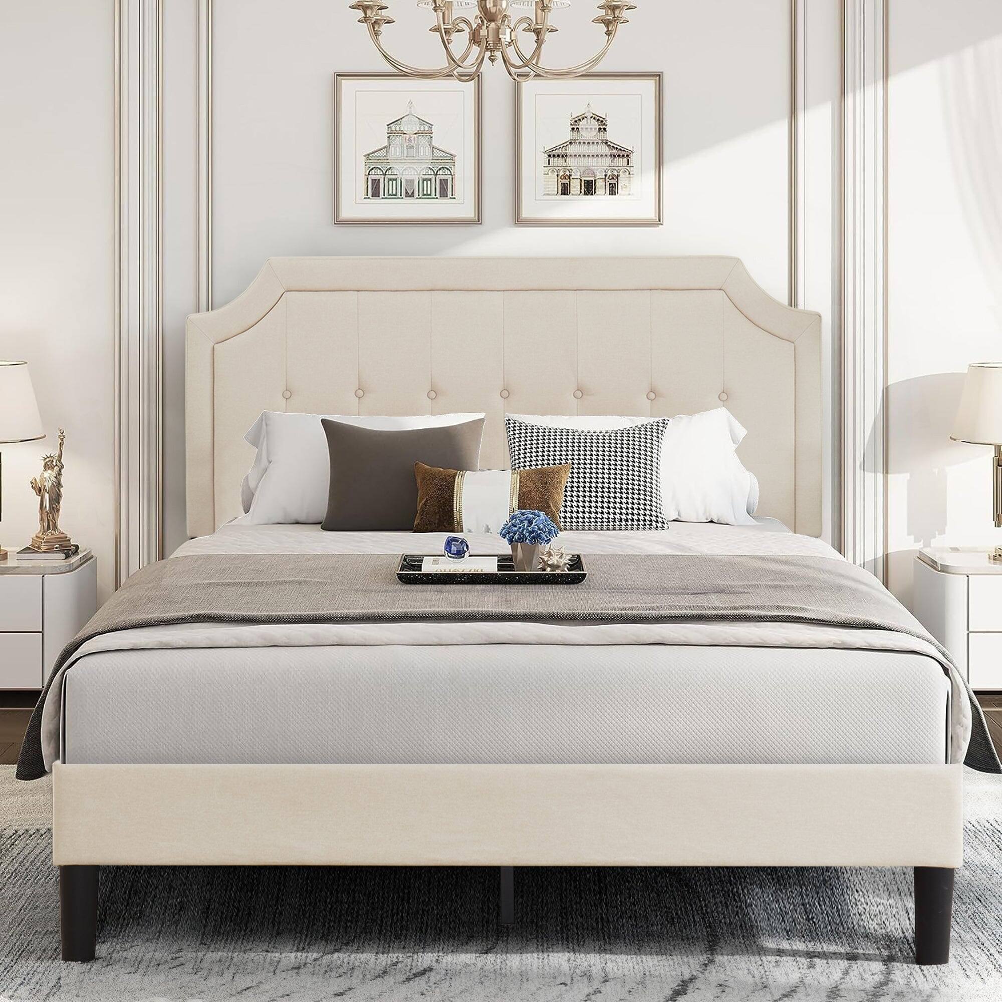 Vecelo - Linen Upholstered Full Size Bed Frame with Adjustable Headboard - Noise Free Platform Bed, 8" Under Bed Storage - Beige