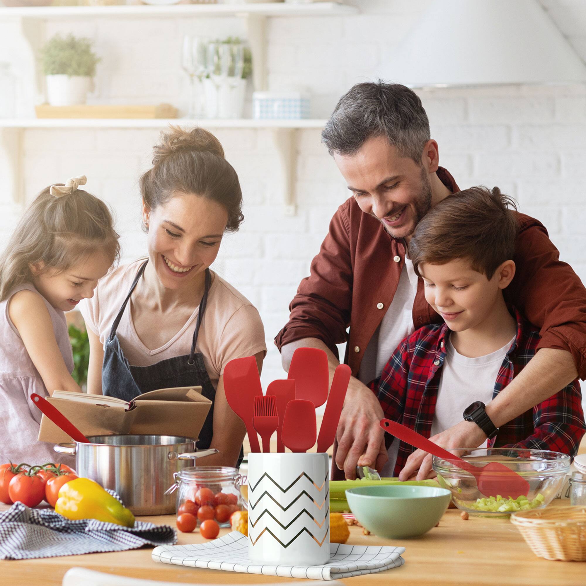 Back. Cheer Collection - 6-Piece Heat-Resistant Silicone Spatula Set for Nonstick Cookware with Stainless Steel Cores & Basting Brush - Red.