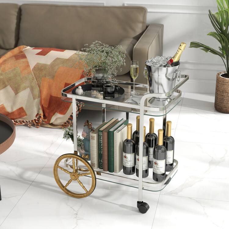 Left. SlickBlue - 2-Tier Tempered Glass Bar Cart with Aluminum Wheels and Rolling Casters - Transparent, Silver, Golden.